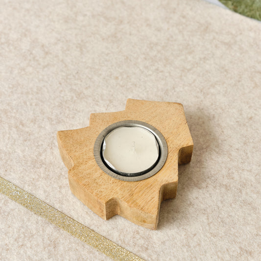  Wooden Christmas Tree Shaped Tealight Holder - 10cm 