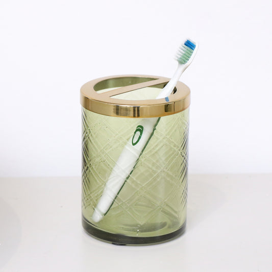  Green Patterned Glass Toothbrush Holder with Gold Rim 
