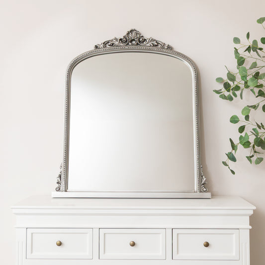  Antique Silver Ornate Arch Overmantle Mirror - 88cm x 100cm 