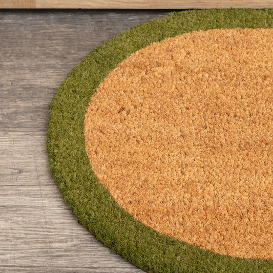  Natural Oval Coir Door Mat with a Green Border 