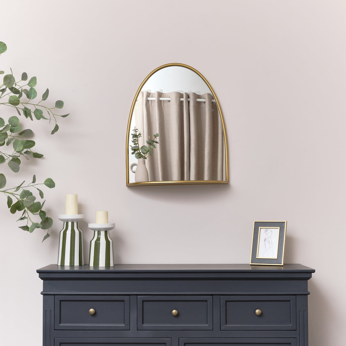 Arched Gold Mirror With Mirrored Shelf - 50cm x 60cm