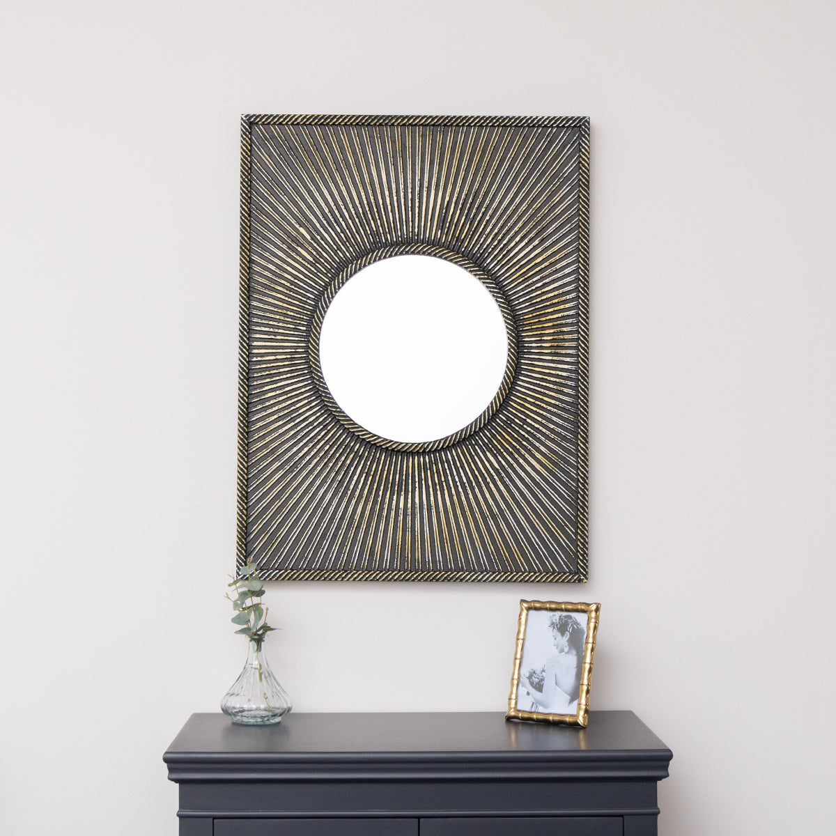 Distressed Black Rectangular Wooden Sunburst Wall Mirror - 60cm x 80cm