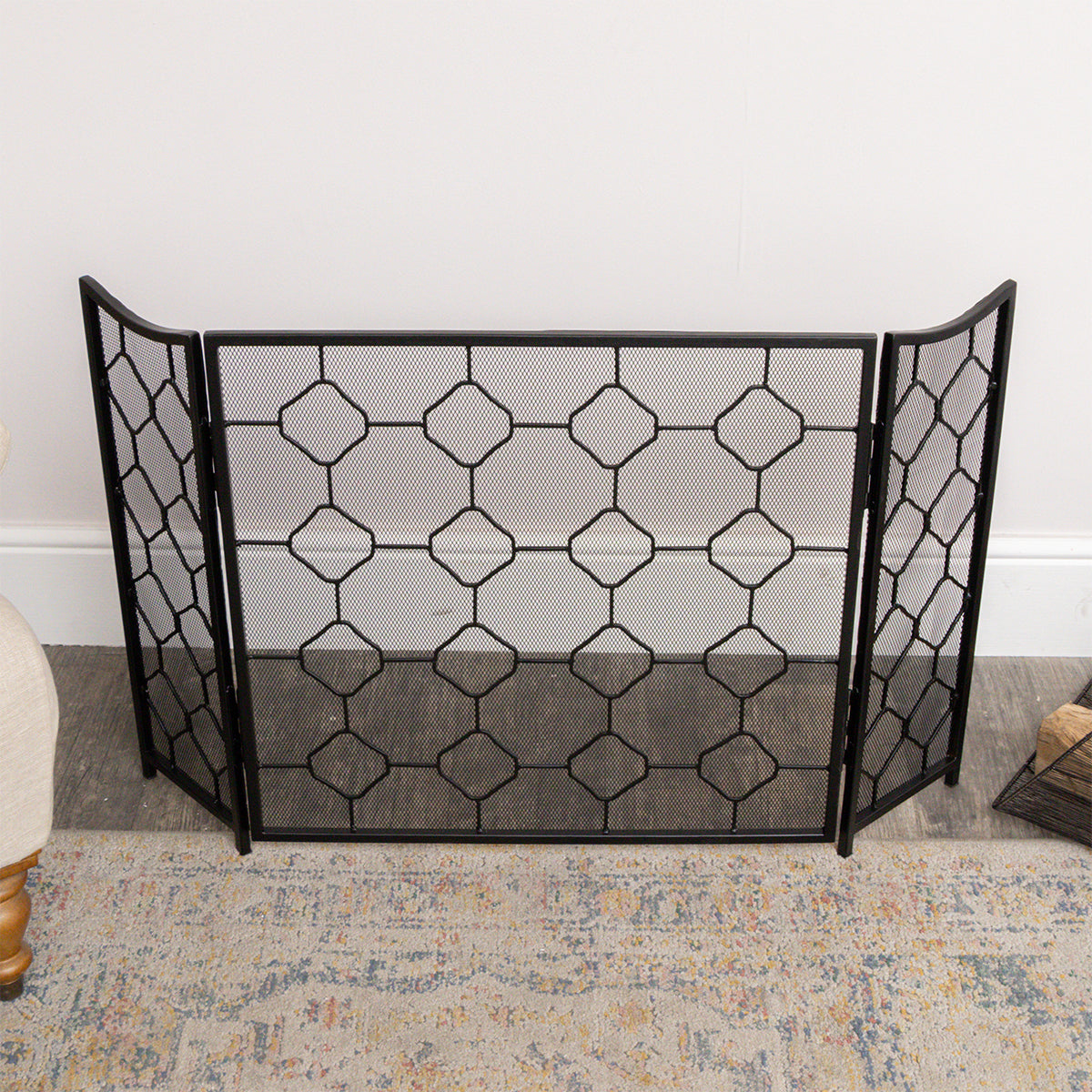 Black Geometric Detailed Metal Fire Screen - 106cm x 62.5cm