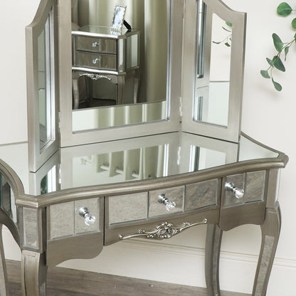 Ornate Mirrored 3 Drawer Dressing Table, Stool and Mirror Bedroom Furniture Set - Tiffany Range