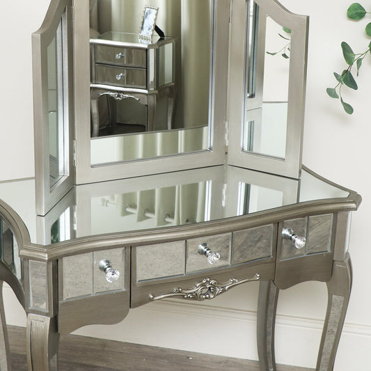  Ornate Mirrored 3 Drawer Dressing Table, Stool and Mirror Bedroom Furniture Set - Tiffany Range 