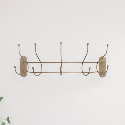 Antique Gold Curved Coat Hanger Rail with 5 Storage Hooks - 60cm