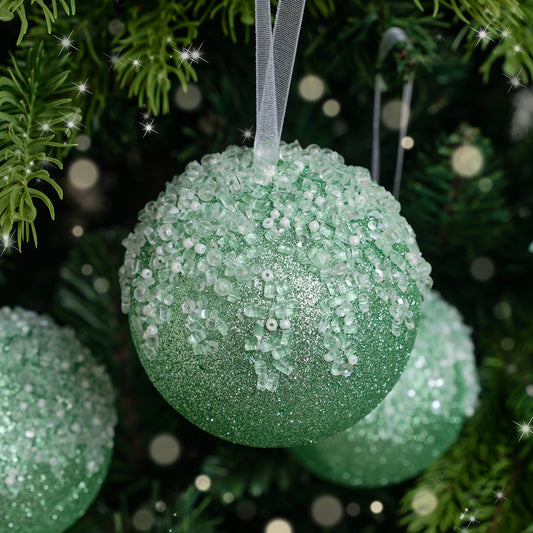  Set of 3 Round Sage Green Glitter Frosted Baubles 