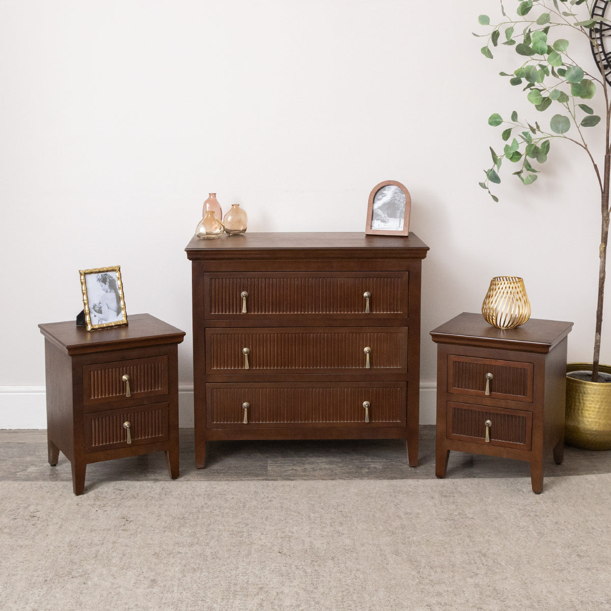 3 Drawer Wooden Reeded Chest of Drawers and Pair of 2 Drawer Bedside Tables - Georgian Range