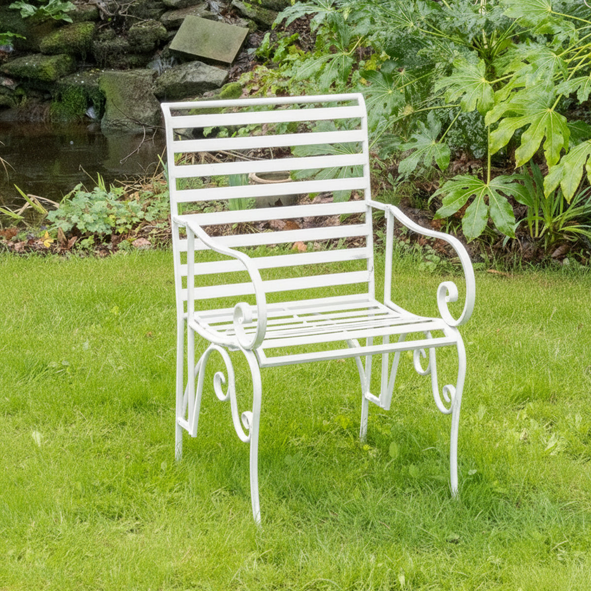 Set of 2 Ornate Metal Distressed White Garden Chairs - 55cm x 92cm
