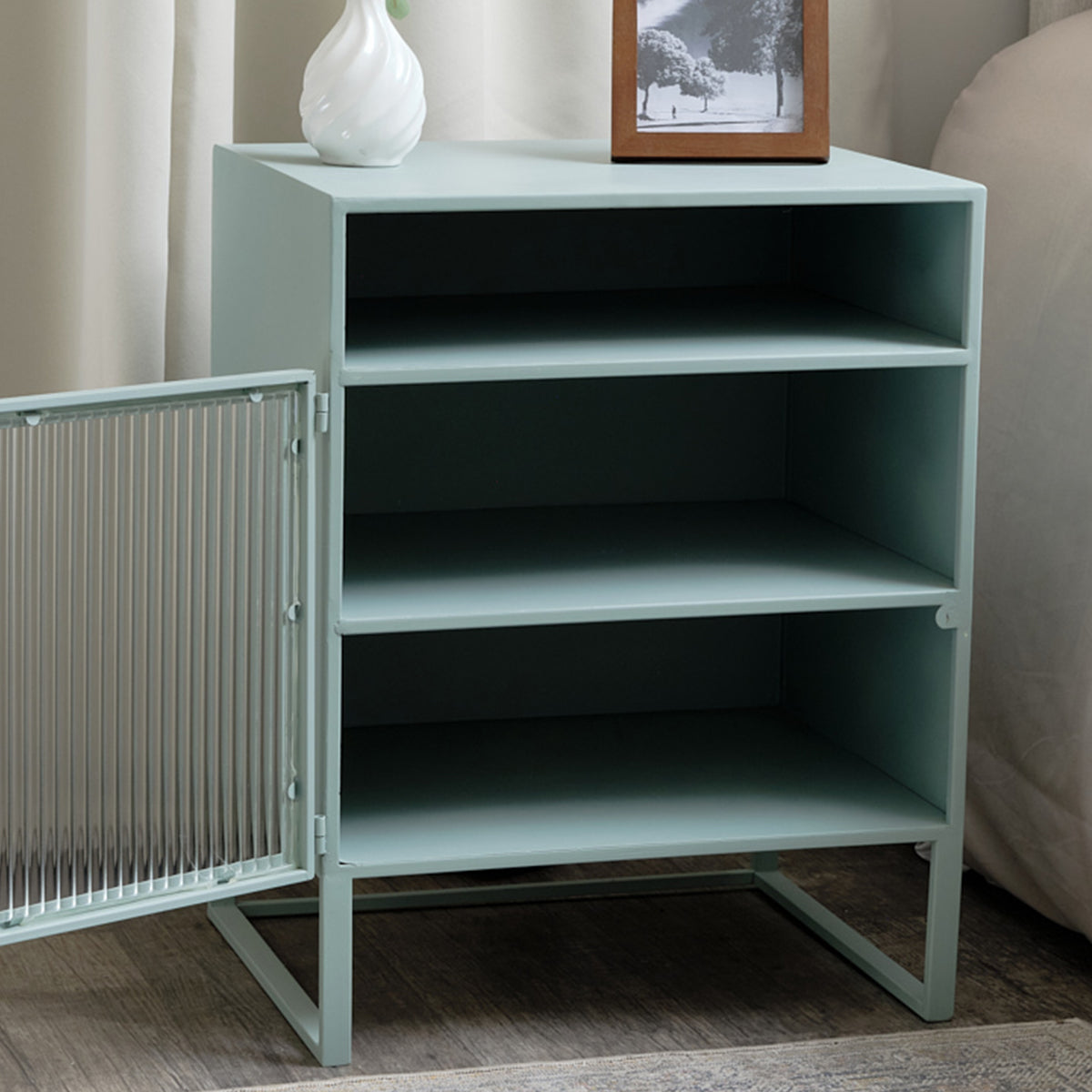 Pale Blue Reeded Glass Bedside Table