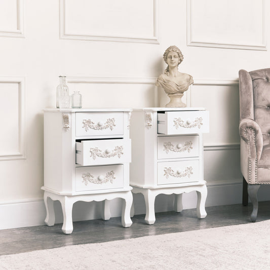  Pair of Antique White 3 Drawer Bedside Tables - Pays Blanc Range 