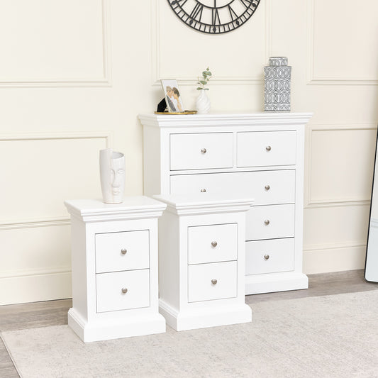  White 5 Drawer Chest of Drawers & Pair of 2 Drawer Bedside Tables - Slimline Haxey White Range 