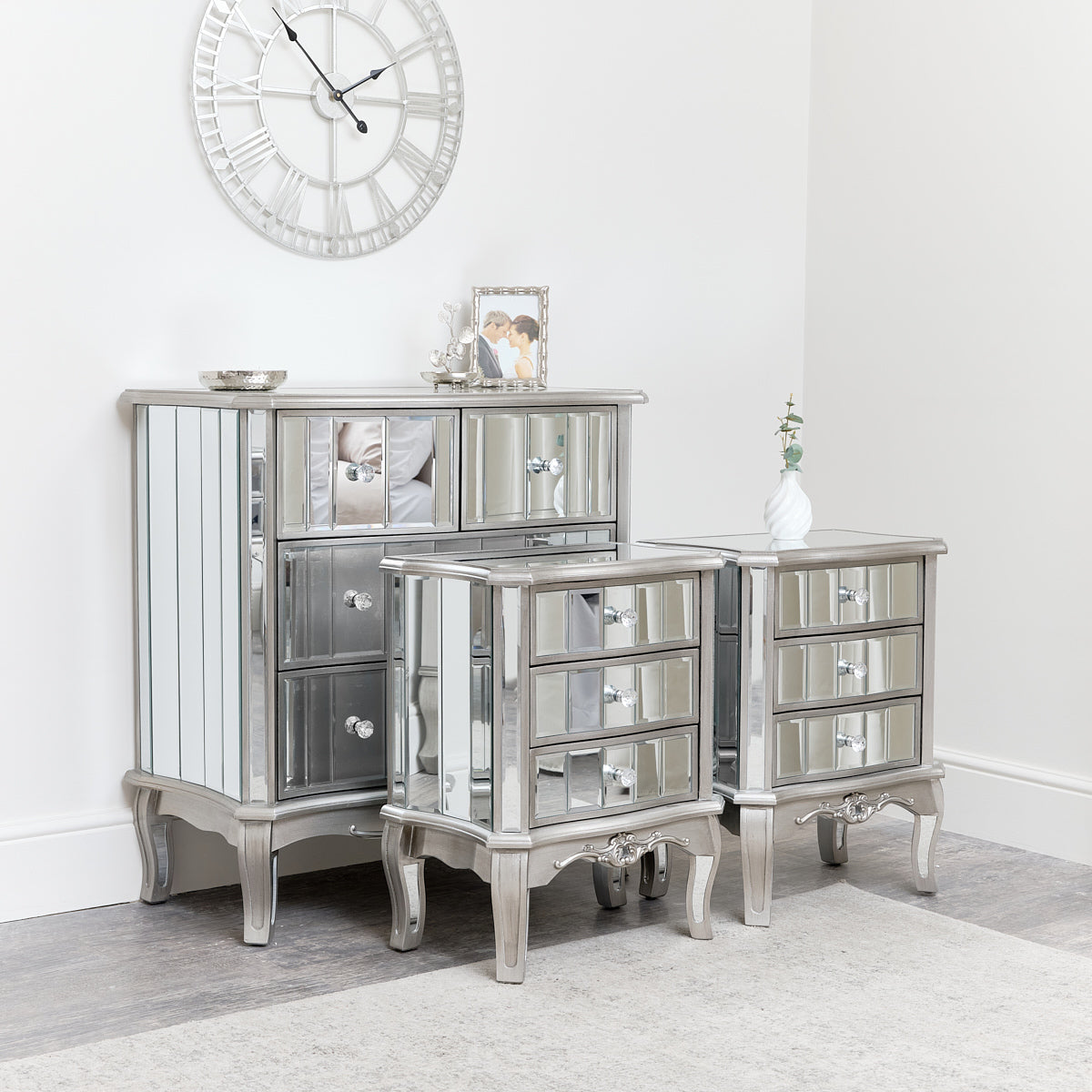 Silver Mirrored Chest of Drawers & Pair of 3 Drawer Bedside Tables - Tiffany Range