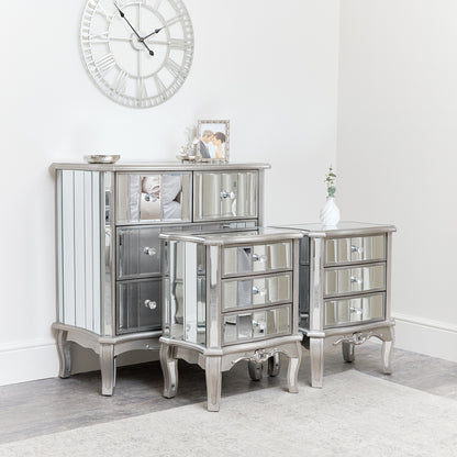 Silver Mirrored Chest of Drawers & Pair of 3 Drawer Bedside Tables - Tiffany Range
