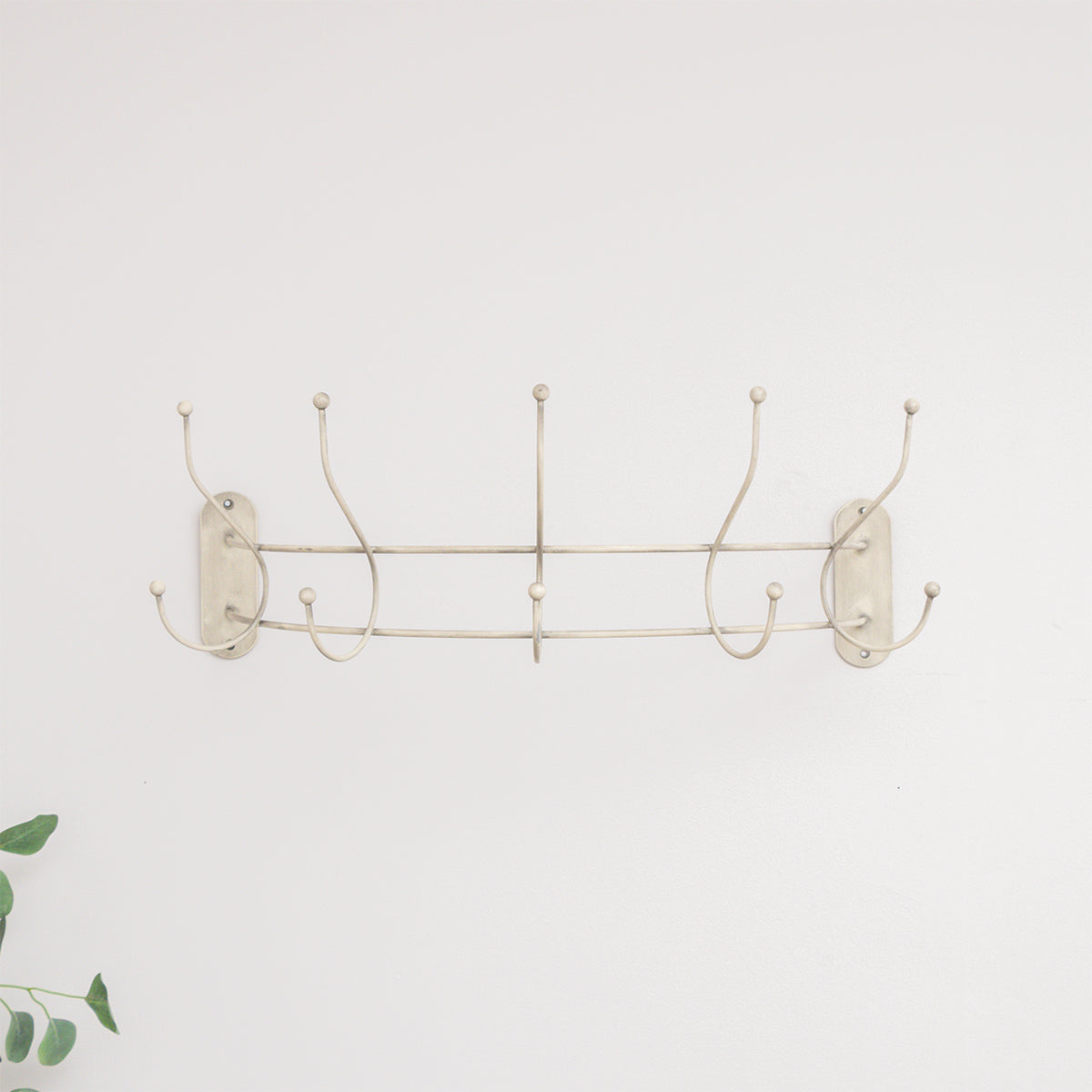 Antique Ivory Curved Coat Hanger Rail with 5 Storage Hooks - 60cm