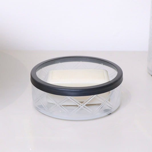  White Patterned Glass Soap Dish with Black Rim 