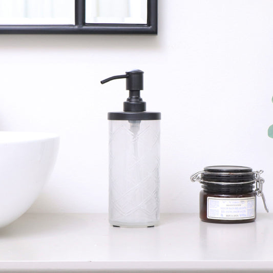  White Patterned Soap Dispenser with Black Rim 