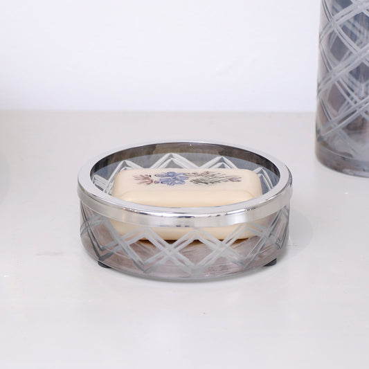  Smoked Patterned Glass Soap Dish with Silver Chrome Rim 