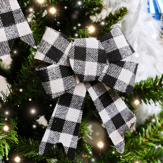  Set of 2 Black & White Checked Bow Decorations - 17cm 