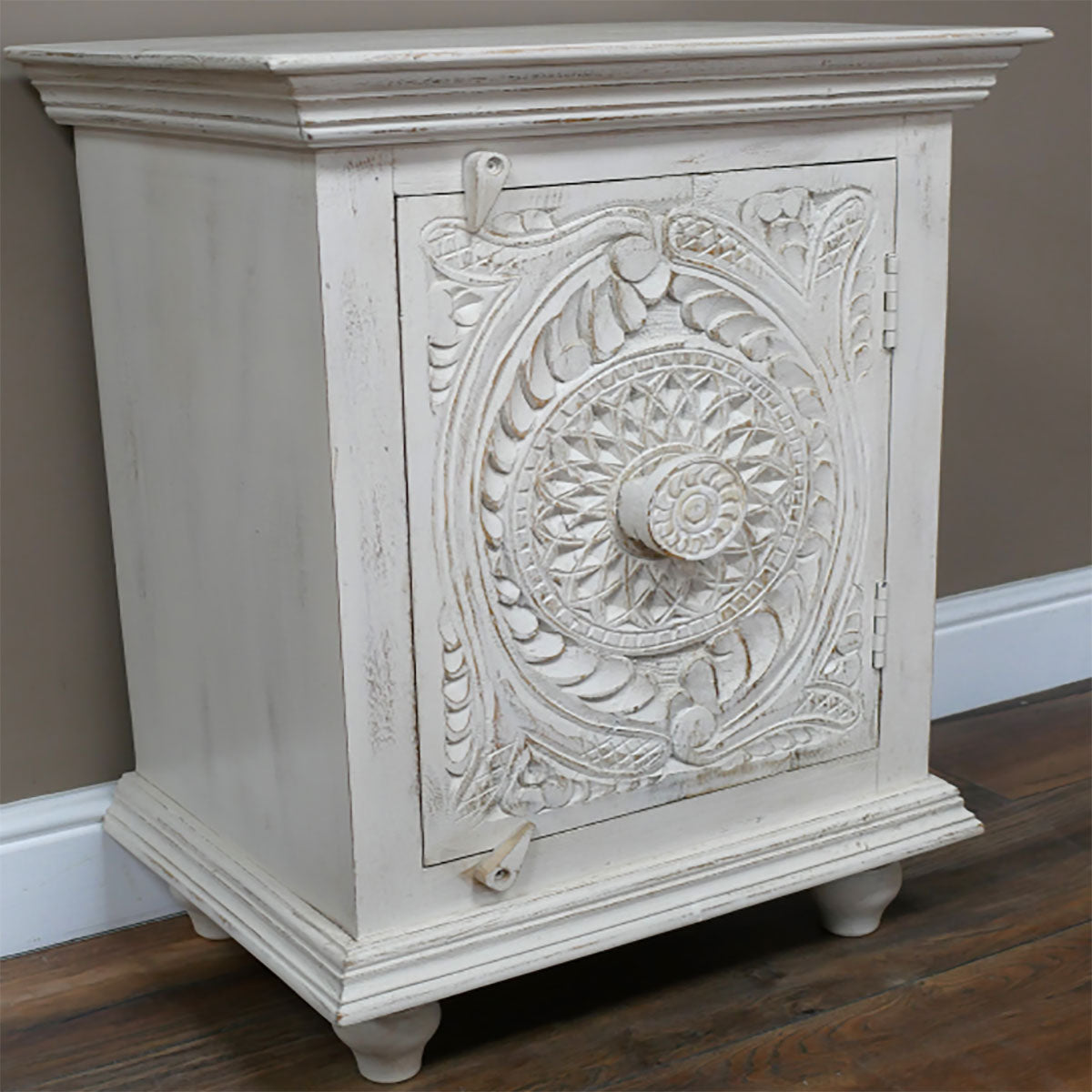 White Distressed Bedside Cabinet