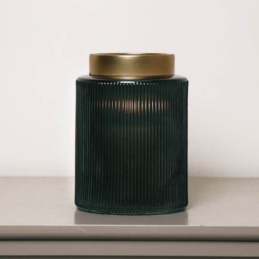  Dark Green Ribbed Glass Vase - 16cm 