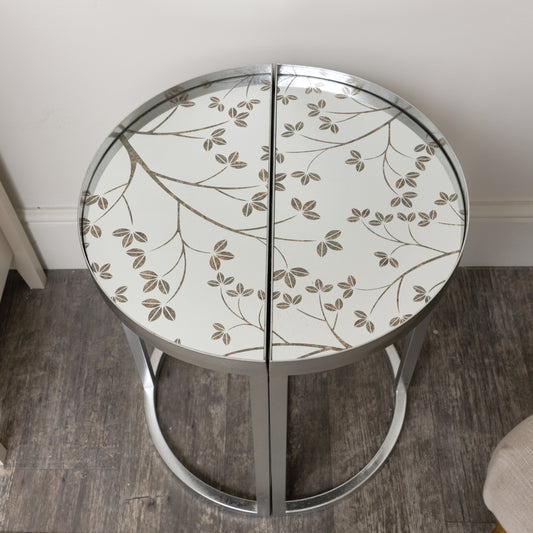  Silver Set of 2 Semi Circle Printed Mirrored Side Table 