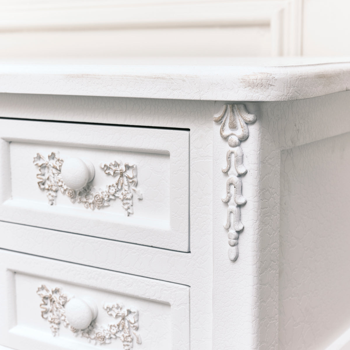 Antique White Dressing Table Desk with Triple Mirror and Stool - Pays Blanc Range