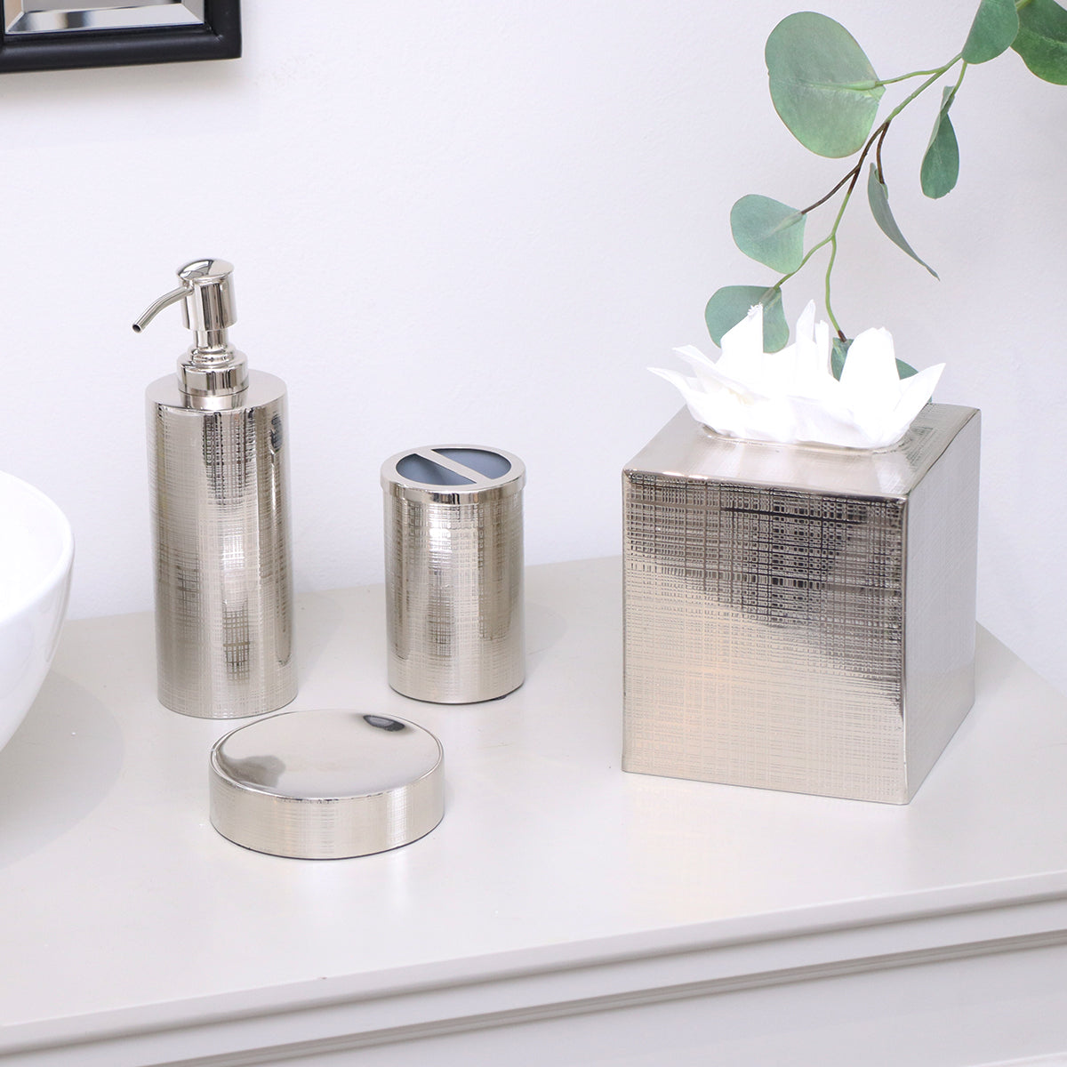 Silver Textured Metal Toothbrush Holder