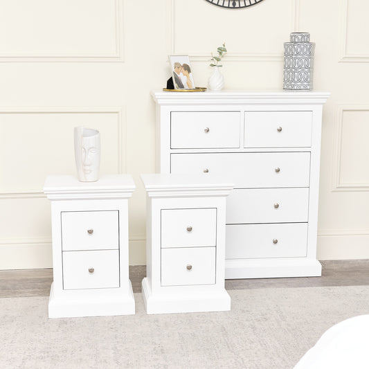  White 5 Drawer Chest of Drawers & Pair of 2 Drawer Bedside Tables - Slimline Haxey White Range 