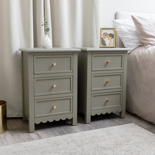  Pair of Scalloped 3 Drawer Bedside Tables  - Staunton Taupe Range 