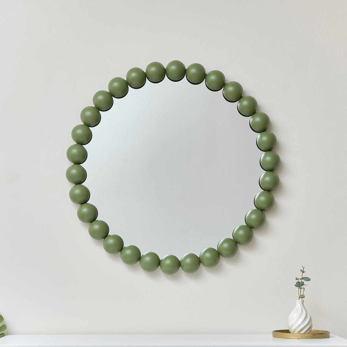 Large Round Olive Green Bobble Bobbin Wall Mirror 80cm x