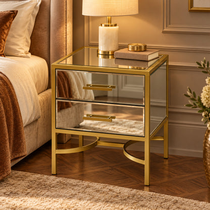 Gold Mirrored 2 Drawer Bedside Table - Venus Range