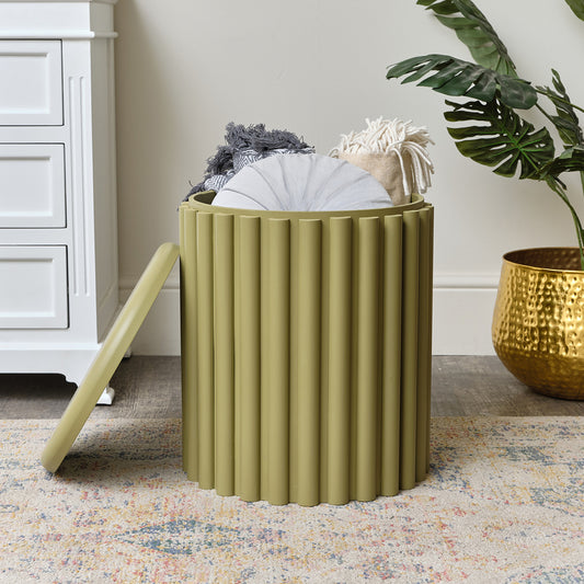  Olive Green Wooden Fluted Storage Stool / Side Table 