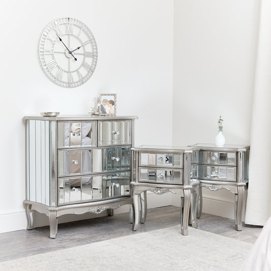  Bedroom Furniture, Silver Mirrored Chest of Drawers & Pair of Bedside Tables - Tiffany Range 