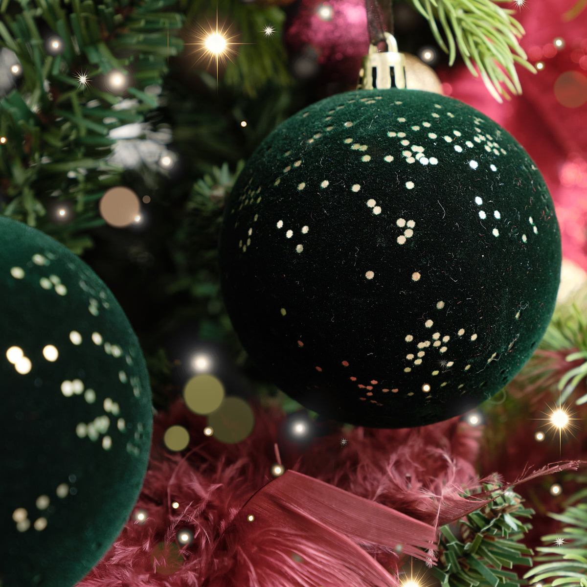 Set of 2 Green Glitter Flocked Bauble Decorations - 8cm