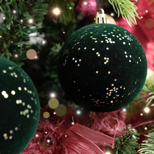  Set of 2 Green Glitter Flocked Bauble Decorations - 8cm 