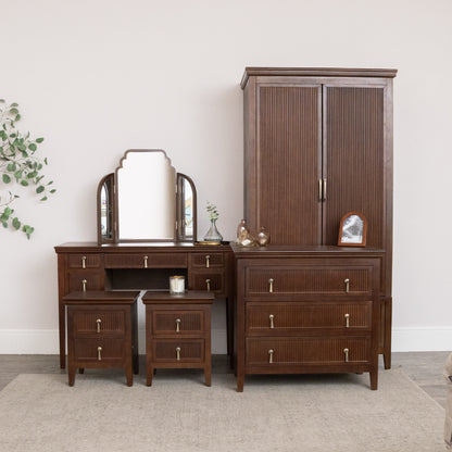 Dark Brown Wooden Reeded Wardrobe, Dressing Table, Mirror Set, Chest of 3 Drawers & Pair of Bedside Tables - Georgian Range