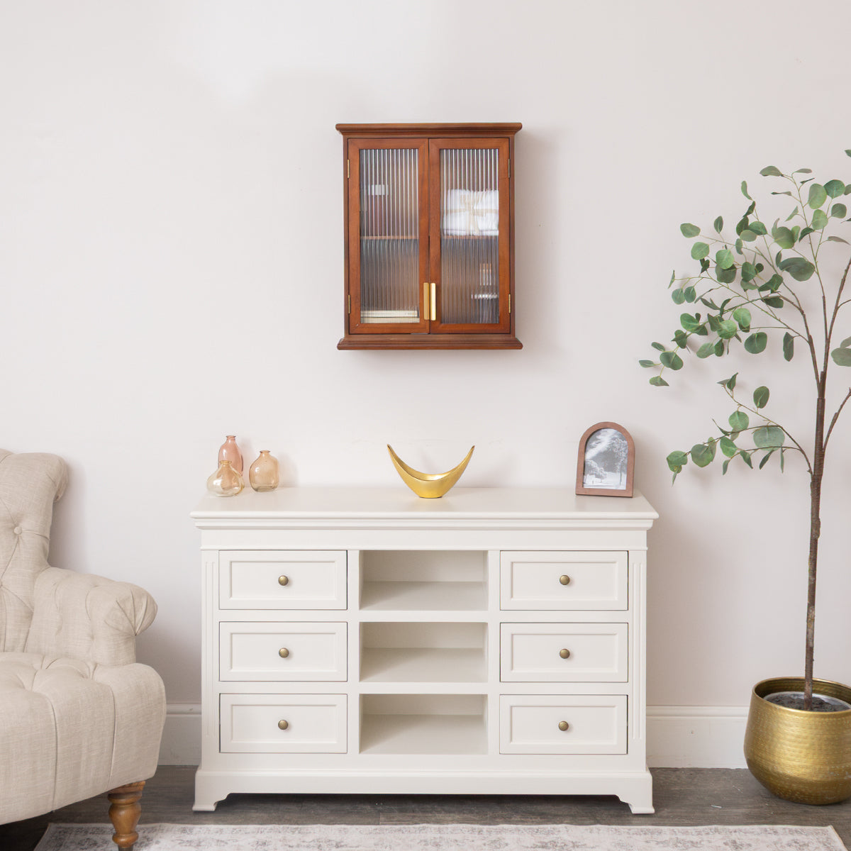 Wooden Reeded Glass Wall Cabinet