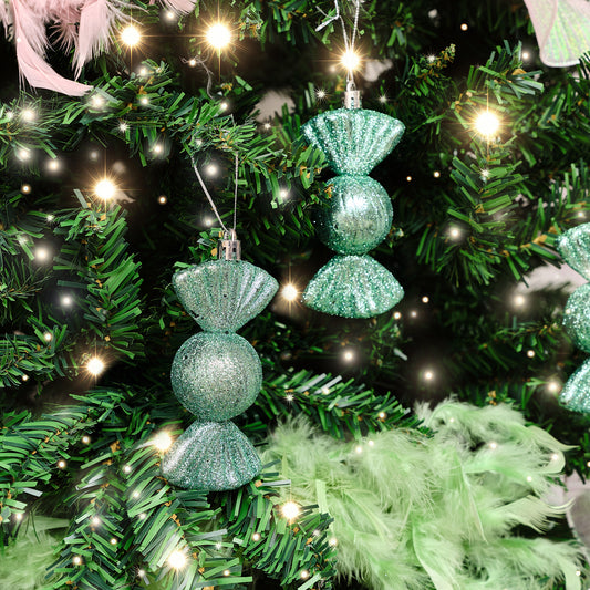  Set of 3 Sage Green Glitter Sweet Shaped Bauble Decorations - 11cm 