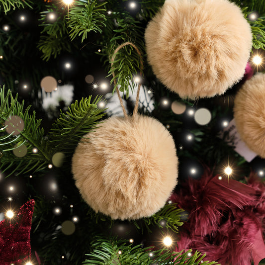  Set of 3 Small Beige Faux Fur Baubles - 7.5cm 
