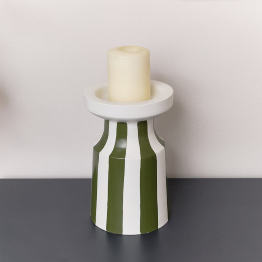  Dark Green Striped Pillar Candle Holder - 18cm 