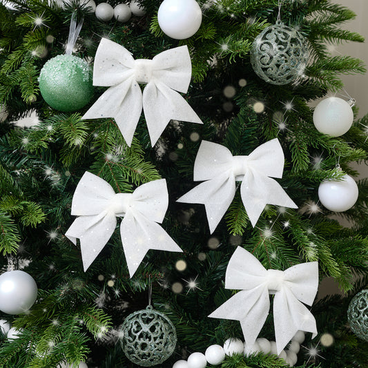  Set of 4 White Glitter Christmas Bows 