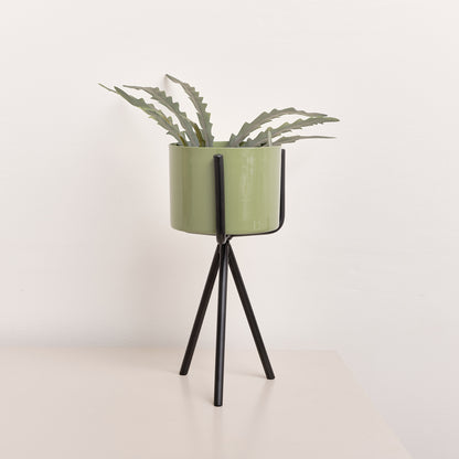 Set of 2 Sage Green Metal Planter Pots with Stand