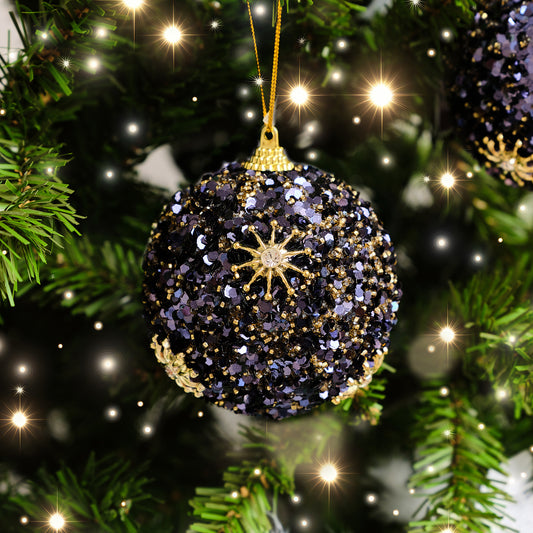  Set of 2 Navy Blue & Gold Sequin Star Detail Baubles - 8cm 