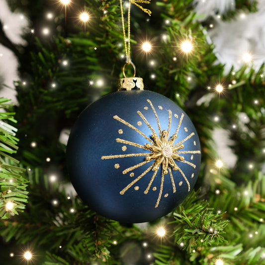  Set of 2 Navy Blue & Gold Glittered Starburst Baubles - 8cm 