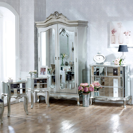  Bedroom Furniture Set, Mirrored Double Wardrobe, Chest of Drawers and Pair of Bedside Chests - Tiffany Range 