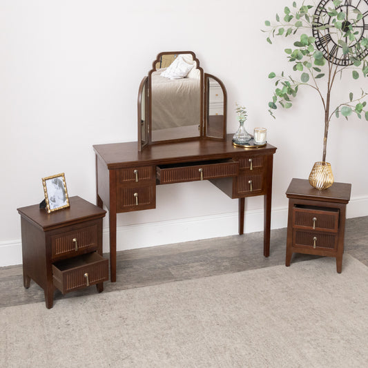  Dark Brown Wooden Reeded Dressing Table, Mirror Set & Pair of Bedside Tables - Georgian Range 