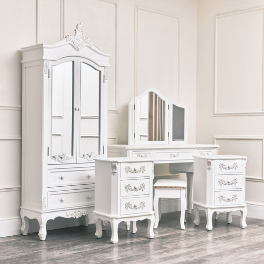  Antique White Closet, Dressing Table Set & Pair of Bedside Tables - Pays Blanc Range 