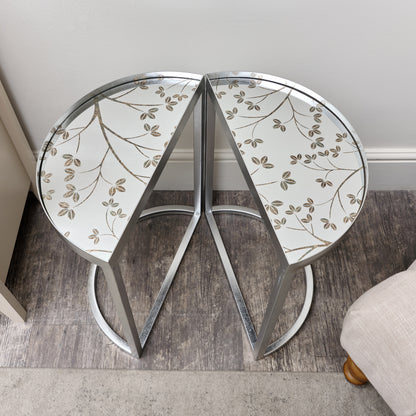 Silver Set of 2 Semi Circle Printed Mirrored Side Table
