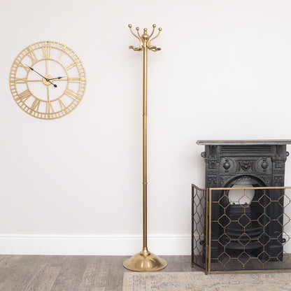 Tall Shiny Antique Gold Metal Coat Rack with 8 Storage Hooks